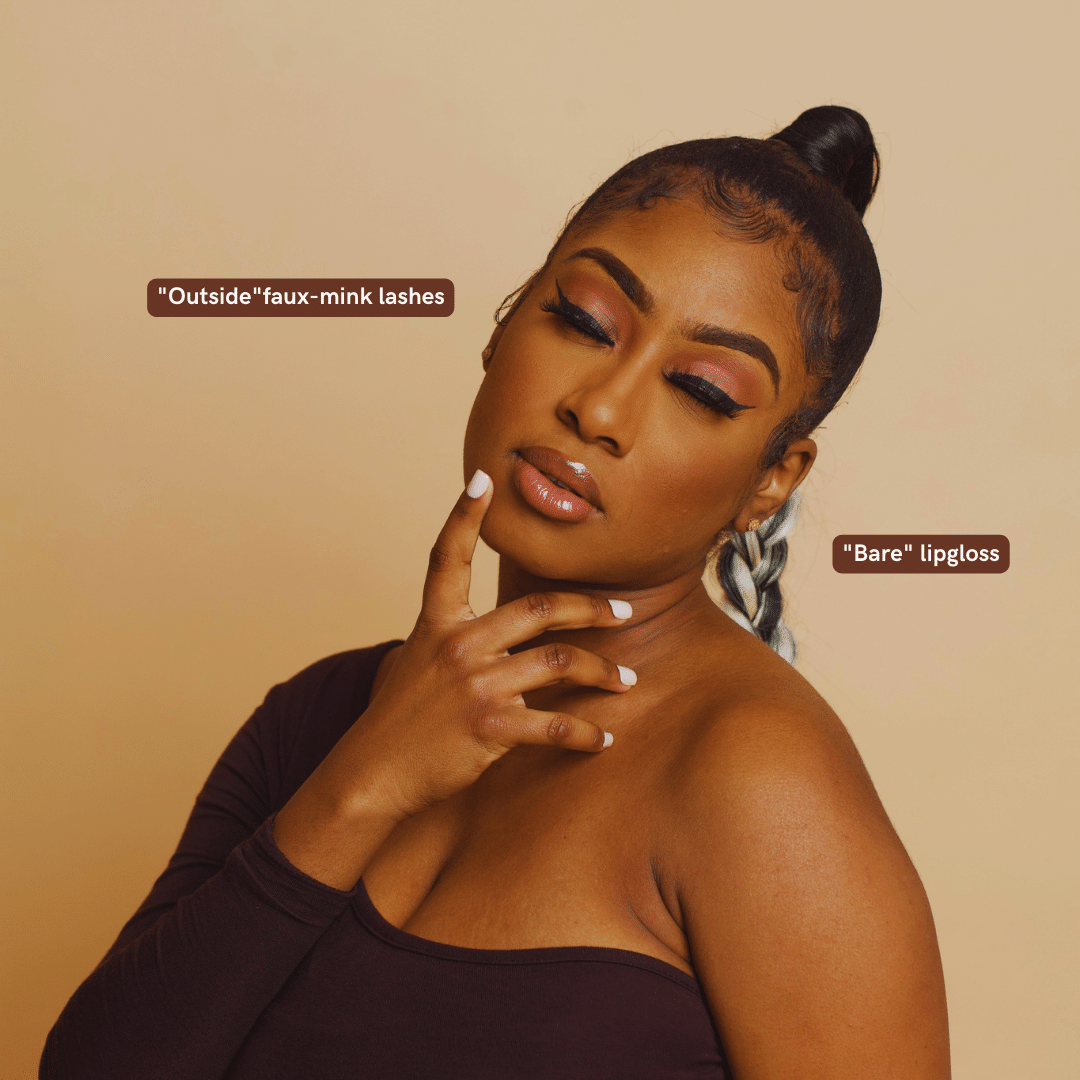 model wearing lef beauty products "outside" faux-mink eyelashes and "bare" nude lipgloss.