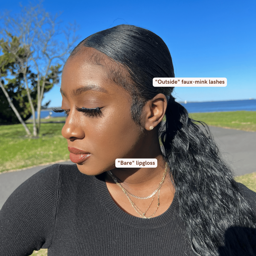 user-generated content of customer wearing lef beauty products "outside" faux-mink eyelashes and "bare" nude lipgloss.